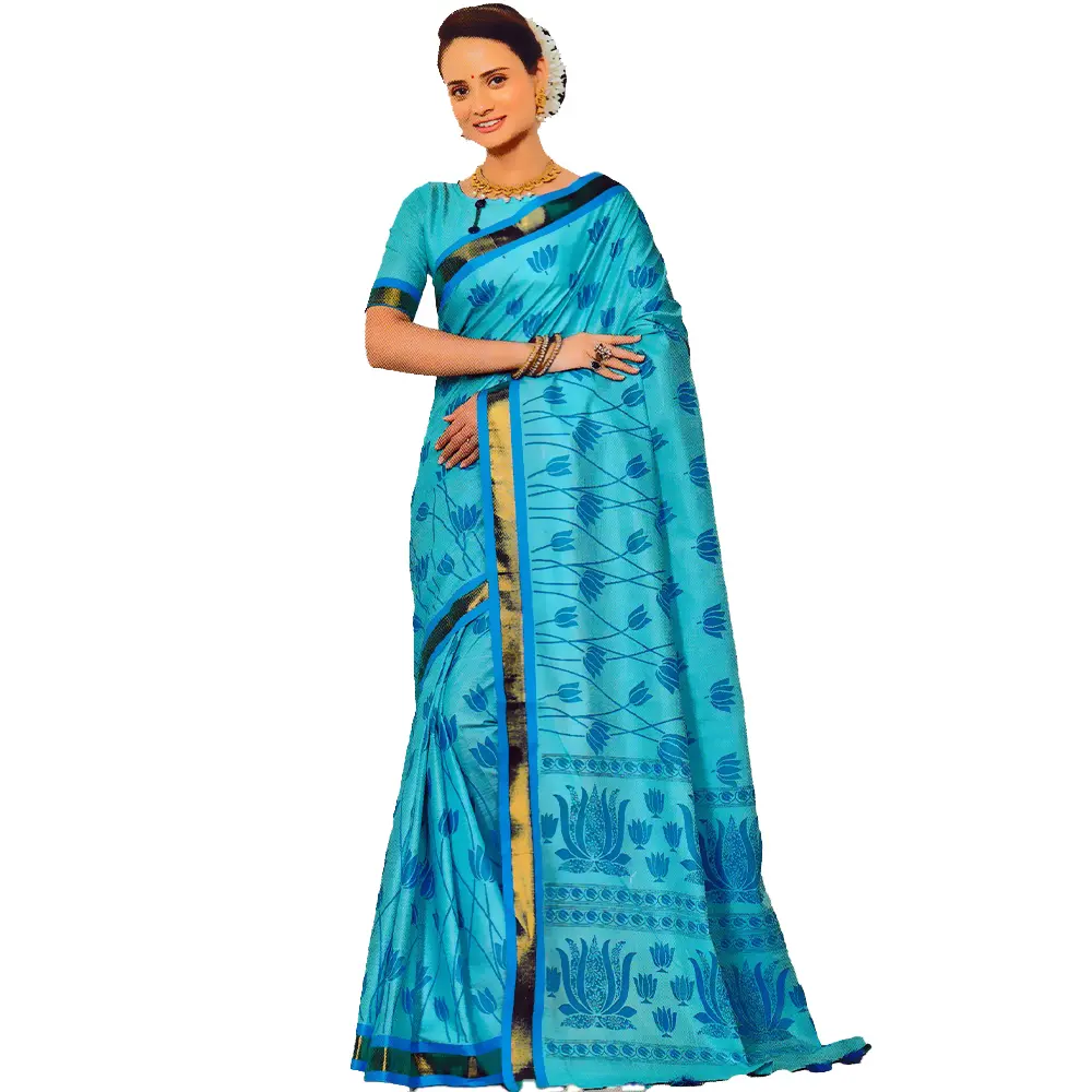 Pure Soft Handloom Cotton Saree with Zari Border and Blouse Piece (Blue)