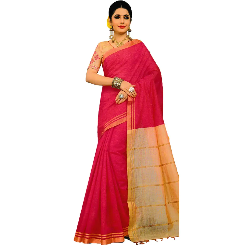 Magenta Soft Handloom Cotton Saree with Zari Border and Unique Threadwork Blouse Piece