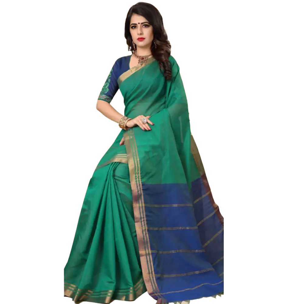 Elegant Dark Green Cotton Saree with Embroidered Blouse