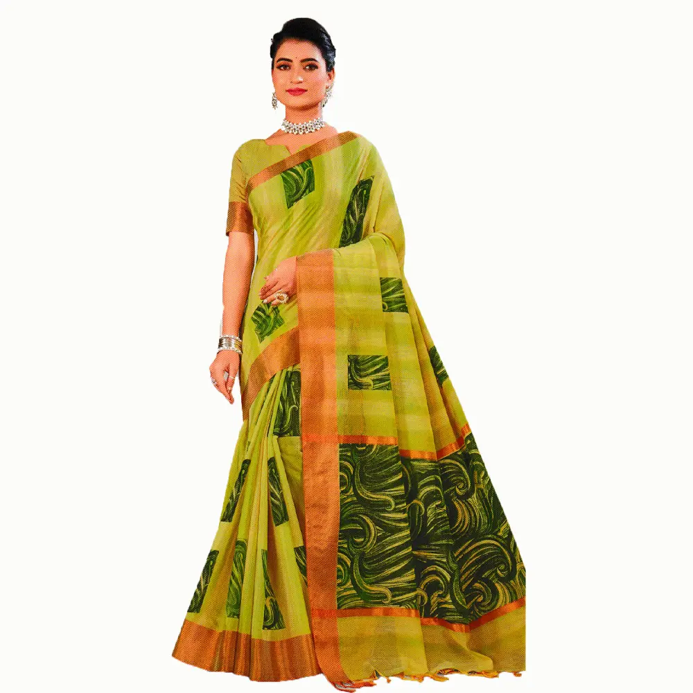 Lemon Green Silk Saree with Contrast Blue Floral Blouse Piece