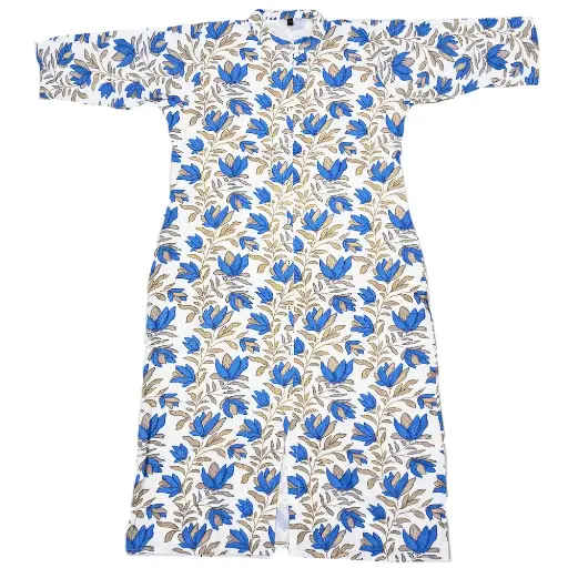 Collar Kurti Elegant Printed Casual Wear | White with Blue Printed Flower