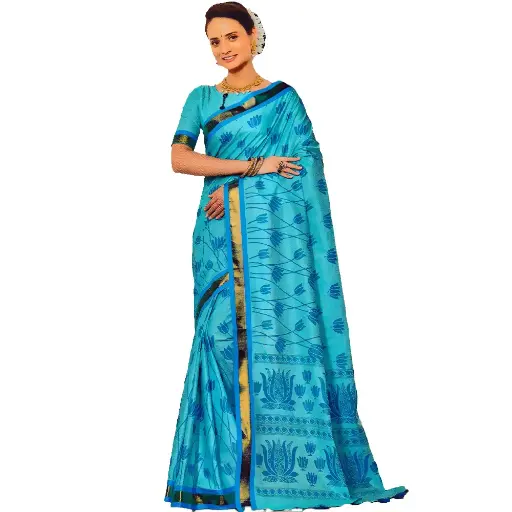 [Niharika B] Pure Soft Handloom Cotton Saree with Zari Border and Blouse Piece (Blue)